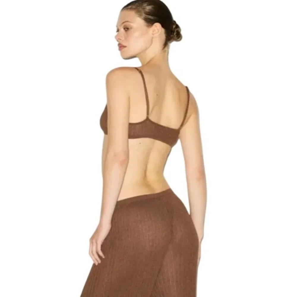 Skims Sheer Knit Bralette Bison Brown Ribbed Triangle Bra PL-PLG-8171W Large